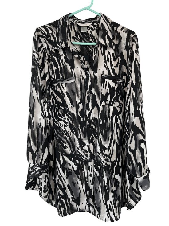 CJ Banks Tops - CJ Banks Blouse 2X Plus Animal Print Black White Button Down Used Convertible Ar